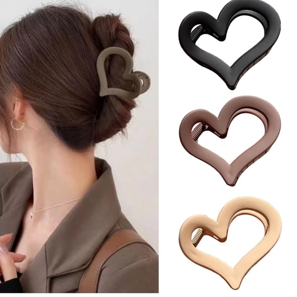 Bundle of 3 Heart-Shaped Hair Clip  Black Brown Tan